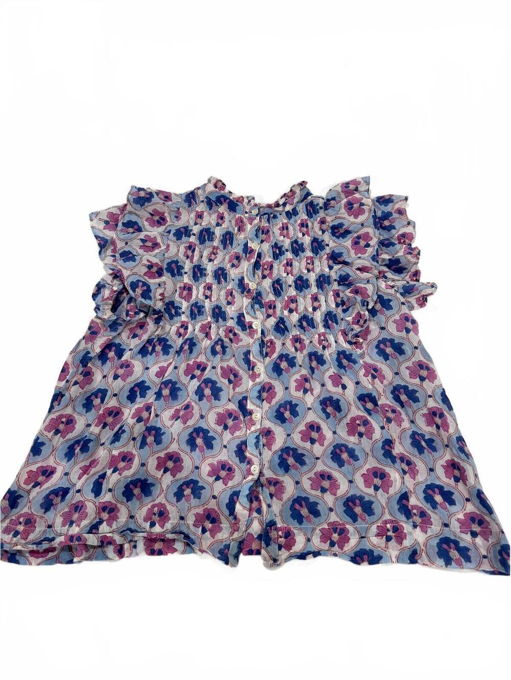 Oliphant Pink Floral Block Print Cotton Smocked Ruffle Blouse Small - Picture 2 of 8
